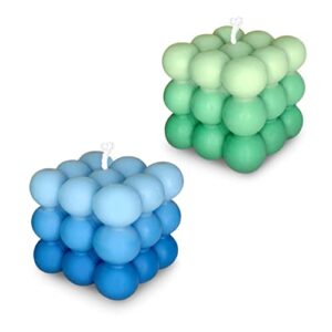 soy wax scented bubble candle – pastel cube square aesthestic indoor/outdoor decor for bedroom, dorm, bathroom, home – scented candle set of 2 pieces for gifting, decorating, and use (blue and green)