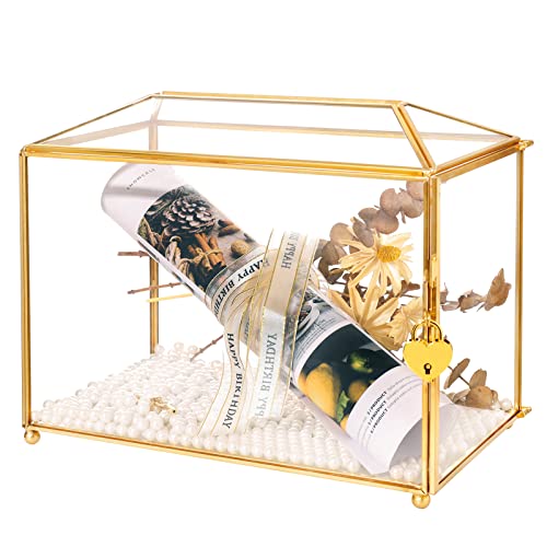 Homevec 10” Gold Glass Card Box for Wedding Reception, Honeymoon Fund, Graduation, Birthday or Baby Shower - Handmade Gold Terrarium Box with Lock for Envelopes and Gifts - 10.2 L x 5.9 W x 8.3 H”