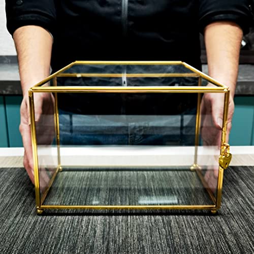 Homevec 10” Gold Glass Card Box for Wedding Reception, Honeymoon Fund, Graduation, Birthday or Baby Shower - Handmade Gold Terrarium Box with Lock for Envelopes and Gifts - 10.2 L x 5.9 W x 8.3 H”