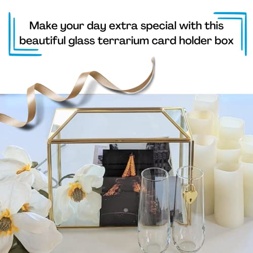 Homevec 10” Gold Glass Card Box for Wedding Reception, Honeymoon Fund, Graduation, Birthday or Baby Shower - Handmade Gold Terrarium Box with Lock for Envelopes and Gifts - 10.2 L x 5.9 W x 8.3 H”