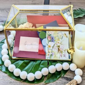 Homevec 10” Gold Glass Card Box for Wedding Reception, Honeymoon Fund, Graduation, Birthday or Baby Shower - Handmade Gold Terrarium Box with Lock for Envelopes and Gifts - 10.2 L x 5.9 W x 8.3 H”