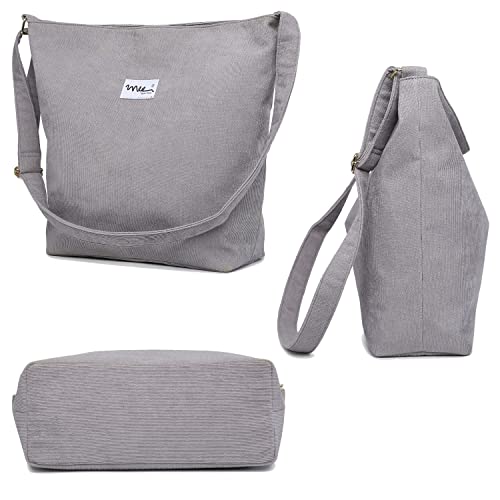 NNEE Women’s Medium Size Corduroy Shoulder Bag Retro Crossbody Hobo Handbag Tote - Gray