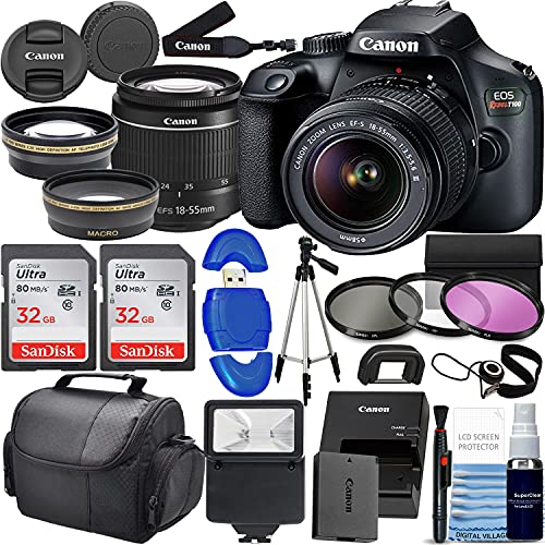 Canon Rebel T100 / EOS 4000D w/Canon EF-S 18-55mm F/3.5-5.6 III Zoom Lens & Professional Accessory Bundle W/ 2X 32GB Memory Cards + Case Wide Angle Telephoto More! (Renewed) Black