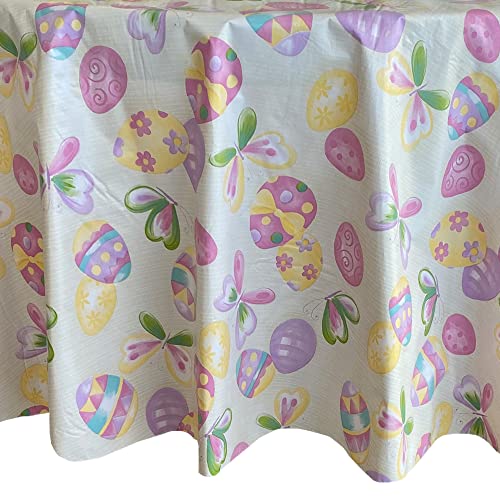 Newbridge Easter Egg Toss Vinyl Flannel Backed Tablecloth, Pastel Decorated Easter Egg and Butterfly Vinyl Tablecloth with Flannel Backing, 60” x 84” Oval