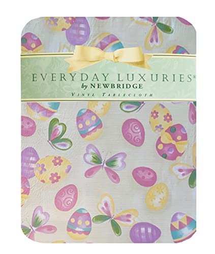 Newbridge Easter Egg Toss Vinyl Flannel Backed Tablecloth, Pastel Decorated Easter Egg and Butterfly Vinyl Tablecloth with Flannel Backing, 60” x 84” Oval