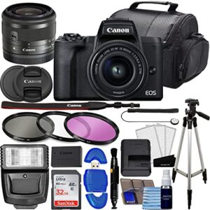 camera eos m50 mark ii mirrorless digital slr with 15-45mm lens kit (black) + 32gb memory card + 3 piece filter kit, tripod, flash + photography bundle