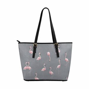 interestprint flamingo flock on grey background handbags ladies purses shoulder bags tote bag