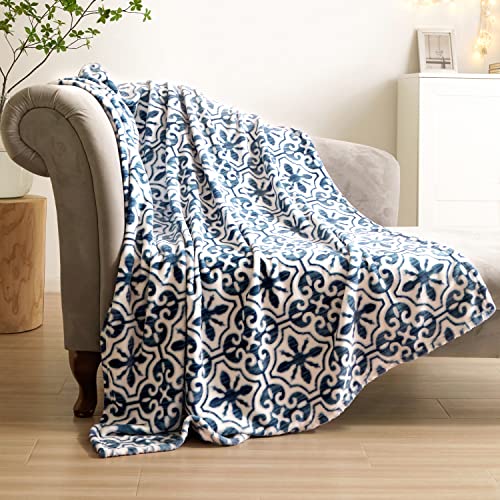 Geniospin Fleece Throw Blanket 50" x 60", 280GSM Navy Blue Throws, Cozy Bright Damask Pattern Lightweight Durable Blanket, Super Soft Plush Throw with Strip for Couch, Bed, Sofa, Warm and Breathable