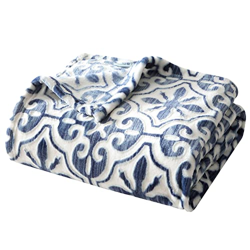 Geniospin Fleece Throw Blanket 50" x 60", 280GSM Navy Blue Throws, Cozy Bright Damask Pattern Lightweight Durable Blanket, Super Soft Plush Throw with Strip for Couch, Bed, Sofa, Warm and Breathable