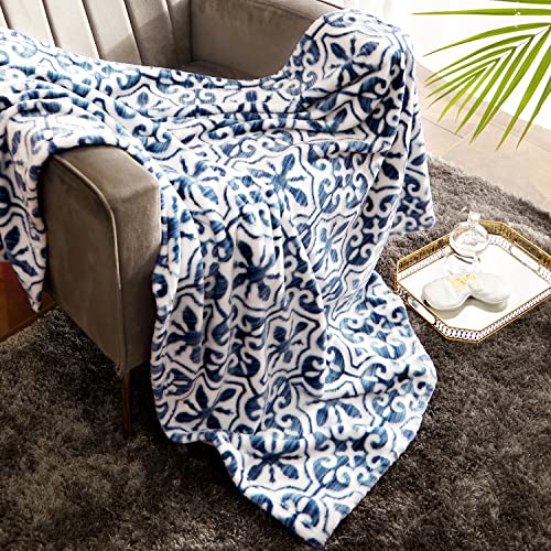 Geniospin Fleece Throw Blanket 50" x 60", 280GSM Navy Blue Throws, Cozy Bright Damask Pattern Lightweight Durable Blanket, Super Soft Plush Throw with Strip for Couch, Bed, Sofa, Warm and Breathable