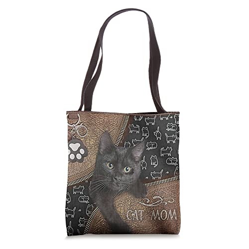 Black Cat Kitten Zipper-Leather-Cat Mom Tote Bag