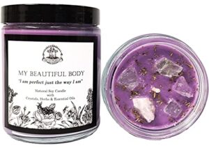 my beautiful body affirmation candle | 9 oz natural soy | rose quartz & green calcite crystals, herbs, essential oils | acceptance, confidence self-esteem rituals | wiccan pagan metaphysical