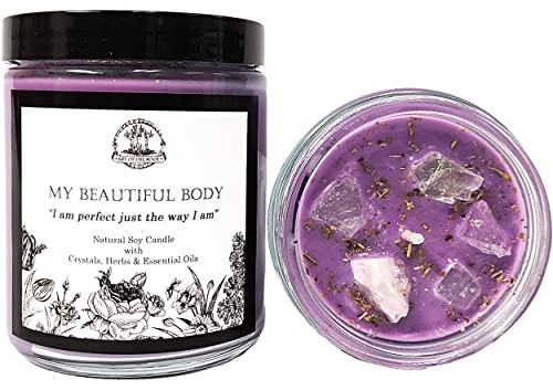 My Beautiful Body Affirmation Candle | 9 oz Natural Soy | Rose Quartz & Green Calcite Crystals, Herbs, Essential Oils | Acceptance, Confidence Self-Esteem Rituals | Wiccan Pagan Metaphysical