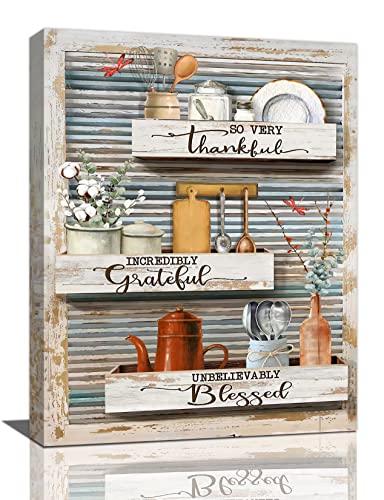 Country Kitchen Wall Art Farmhouse Dishes Kettle Canvas Prints Painting Rustic Blessed Kitchen Pictures Framed Artwork Home Decor for Canteen Restaurant Dining Living Room 12"x16"