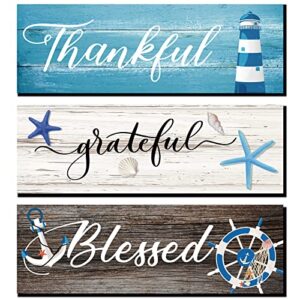 yookeer 3 pieces thankful grateful blessed wooden signs coastal rustic wood signs wood farmhouse wall decor beach wood front hanging sign for farmhouse outdoor decor (coastal style)