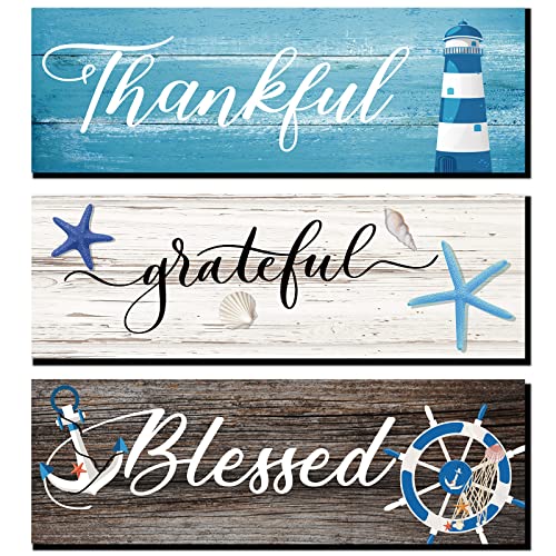 Yookeer 3 Pieces Thankful Grateful Blessed Wooden Signs Coastal Rustic Wood Signs Wood Farmhouse Wall Decor Beach Wood Front Hanging Sign for Farmhouse Outdoor Decor (Coastal Style)