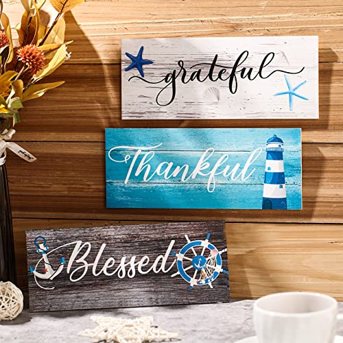 Yookeer 3 Pieces Thankful Grateful Blessed Wooden Signs Coastal Rustic Wood Signs Wood Farmhouse Wall Decor Beach Wood Front Hanging Sign for Farmhouse Outdoor Decor (Coastal Style)