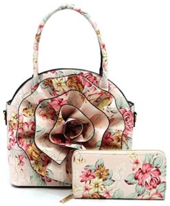 3d flower women handbag and matching wallet set floral printed top handle purse 2pcs set (fl-blush pink)