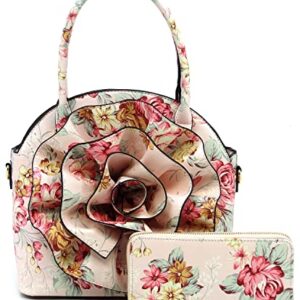 3D Flower Women Handbag and Matching Wallet Set Floral Printed Top Handle Purse 2PCS Set (Fl-Blush Pink)