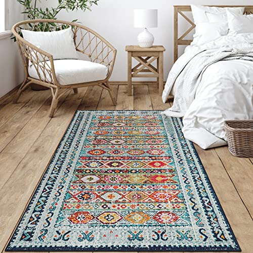 Wonnitar Bohemian Area Rug - Washable 3x5 Entry Rug Non-Slip Colorful Throw Rug,Boho Living Room Kitchen Mat Low-Pile Geometric Indoor Floor Carpet for Laundry Mudroom Dining Table