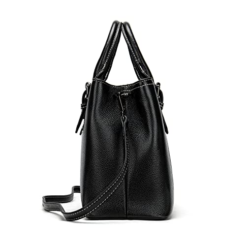 Soft Cowhide Leather Women Purses and Bags Fashion Tote Bag Large and Compact Woman Designer Handbag (Black)