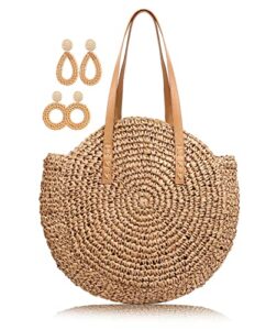 cookooky straw beach bag summer handmade woven shoulder tote bags purse for women (round khaki bag and rattan earrings)