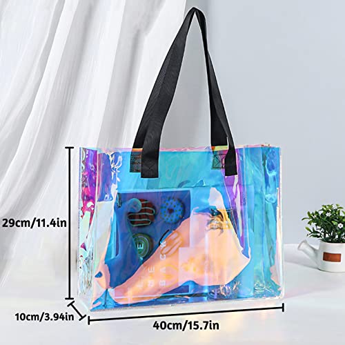 Holographic Clear Tote Bag for Stadium Concert, Fashion Iridescent Tote Handbag for Women Christmas Gift, Large Waterproof Fans Bag for Sport Game