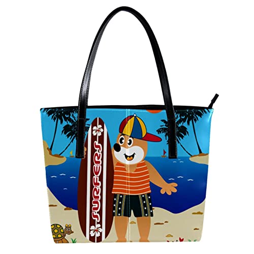 Women's Leather Tote Shoulder Bag, Big Capacity Beach Bear Handbag