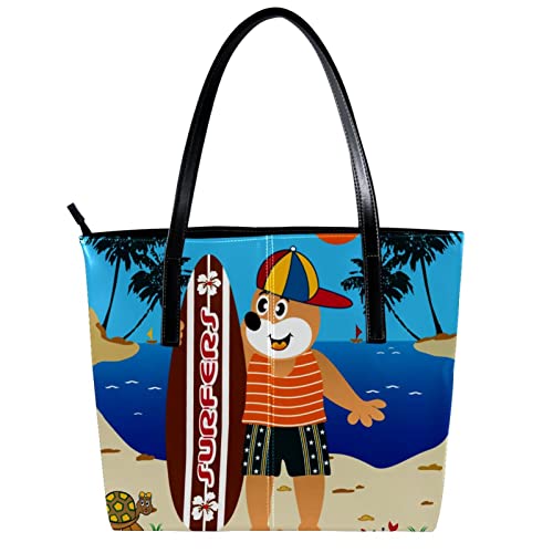 Women's Leather Tote Shoulder Bag, Big Capacity Beach Bear Handbag