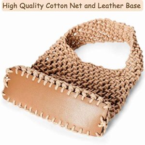 Hand-woven Soft Tote Crochet bag Cotton Rope with Leather Base Net Bag Boho Purse Wovens Bag