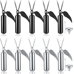 10 pieces cylinder cremation urn necklace with angel wing stainless steel memorial keepsake pendant cremation necklaces for ashes for women men urn jewelry sets keepsake urns necklace with filling kit