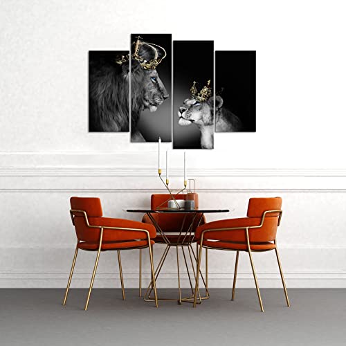 Large 4 Panel Wall Decor The Lion King and Queen with Crown Wall Art African Wild Animals Canvas Prints Pictures Black and White Modern Giclee Framed Artwork for Bedroom Bathroom Master Room Ready to Hang 48x33inch