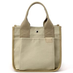 women’s small canvas handbag totes purse casual multipocket work everyday bag (khaki)