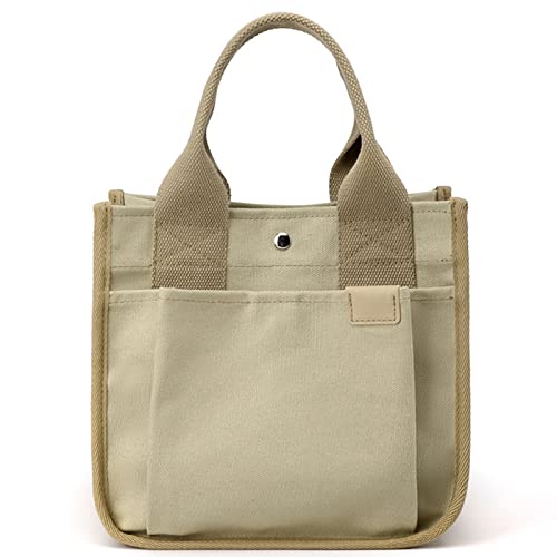 Women's Small Canvas Handbag Totes Purse Casual Multipocket Work Everyday Bag (Khaki)