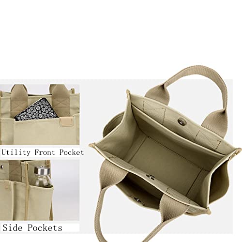 Women's Small Canvas Handbag Totes Purse Casual Multipocket Work Everyday Bag (Khaki)