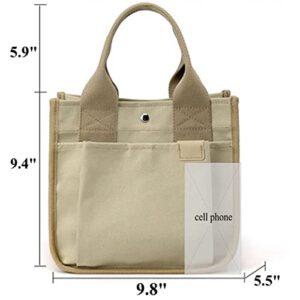 Women's Small Canvas Handbag Totes Purse Casual Multipocket Work Everyday Bag (Khaki)