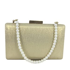 shine satin women metal box clutch purse evening bags with short syethetic pearl strap (gold, mini)