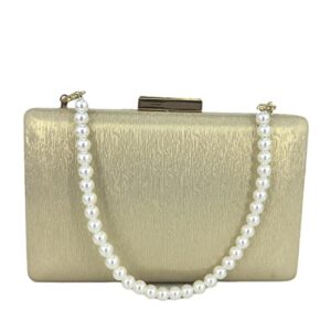 Shine Satin Women Metal Box Clutch Purse Evening Bags with Short Syethetic Pearl Strap (Gold, Mini)