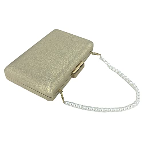 Shine Satin Women Metal Box Clutch Purse Evening Bags with Short Syethetic Pearl Strap (Gold, Mini)