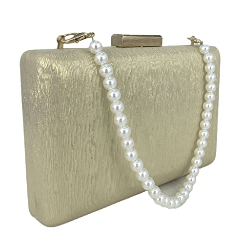 Shine Satin Women Metal Box Clutch Purse Evening Bags with Short Syethetic Pearl Strap (Gold, Mini)