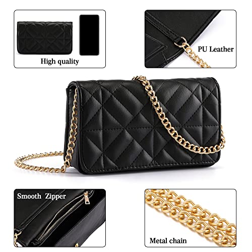 FALETO Black Crossbody Bags for Women Small Quilted Shoulder Bag Clutch Purses Designer Handbags Satchel Evening Party Bag with Gold Chain PU Leather Trendy Mini Club Purse Wallet