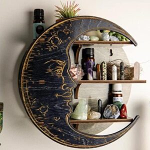 Eayoly Wooden Moon Shelf for Crystals, Floating Shelves Made of Wood, Display Shelf for Essential Oil, Crescent Moon Floating Shelves, Rustic Storage Shelf for Living Room, Bedroom, Bathroom