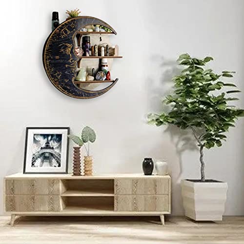 Eayoly Wooden Moon Shelf for Crystals, Floating Shelves Made of Wood, Display Shelf for Essential Oil, Crescent Moon Floating Shelves, Rustic Storage Shelf for Living Room, Bedroom, Bathroom