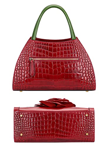 PIJUSHI Designer Floral Handbags for Women Genuine Leather Top Handle Satchel Handbags(66312 Red)