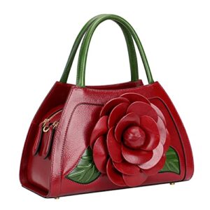 PIJUSHI Designer Floral Handbags for Women Genuine Leather Top Handle Satchel Handbags(66312 Red)