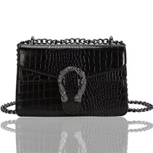 chain crossbody shoulder bags for women-snake printed leather messenger bag evening handbag chain strap shoulder satchel (black)