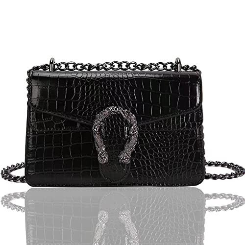 Chain Crossbody Shoulder Bags For Women-Snake Printed Leather Messenger Bag Evening Handbag Chain Strap Shoulder Satchel (Black)