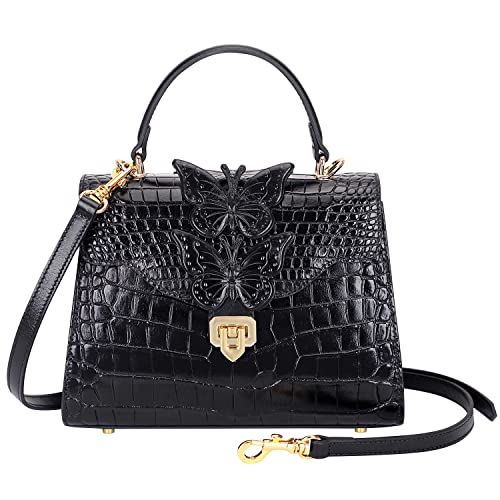 PIJUSHI Designer Handbags for Women Crocodile Leather Crossbody Satchel Bag with Butterfly(66297 Black)