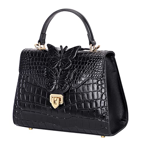 PIJUSHI Designer Handbags for Women Crocodile Leather Crossbody Satchel Bag with Butterfly(66297 Black)