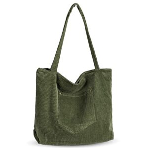 etercycle corduroy tote bag, casual shoulder bag for women big capacity shopping handbags work tote bag with zipper pockets (green)